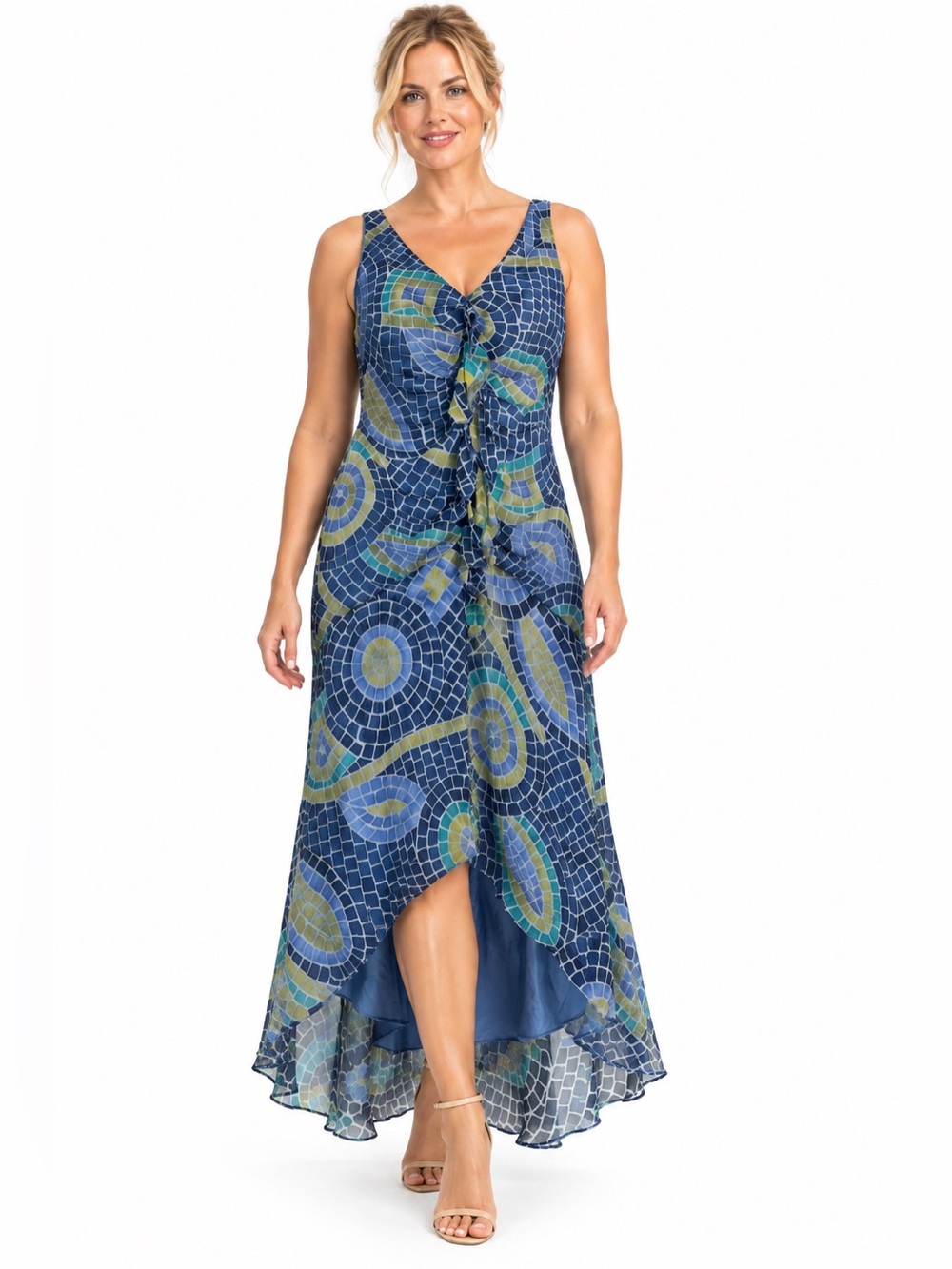 Vintage The Look by Randolph Duke Dress Size 10 Blue High Low Ruffle 100% Silk
